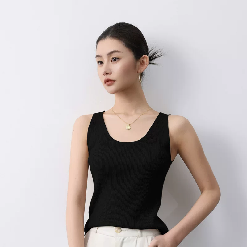 Базовая шерстяная топ с чашками, круглый воротник, V-образный вырез, slim fit