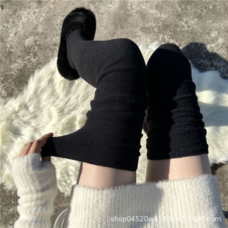 秋冬季加绒过膝袜子女秋冬季长筒加厚保暖卷边暖色小腿袜套堆堆袜|undefined
