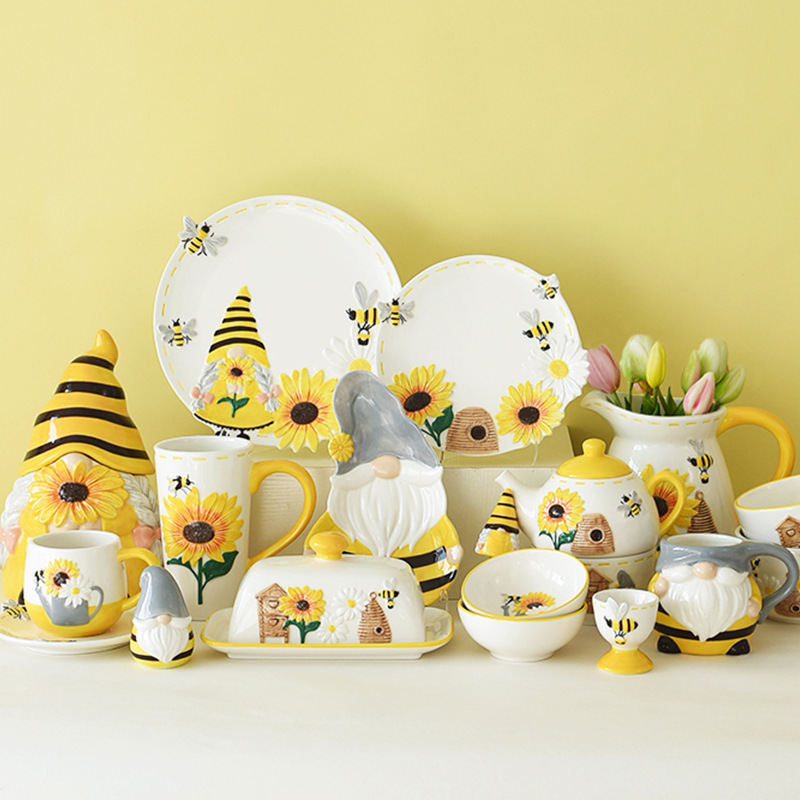 Pastoral Style Bee and Sunflower Ceramic Tableware Cross-Border Hot-Selling Home Tableware Set Bowls Plates Cups Creative Combination
