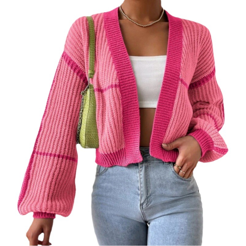 Spot suéteres personalizados transfronterizos europeos y americanos primavera y otoño suéter de punto corto cardigan chaqueta exterior suéter suelto en contraste mujeres image 1