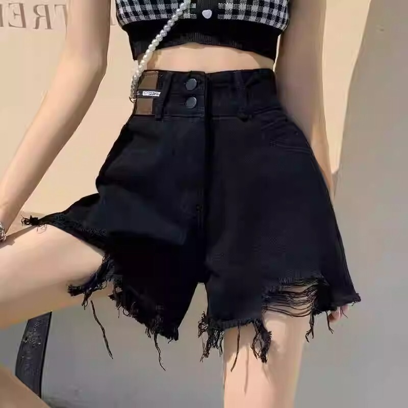 Trendy Cool Street Style Frayed Denim Shorts for Women, Summer Plus Size High-Waisted Slimming Hot Pants