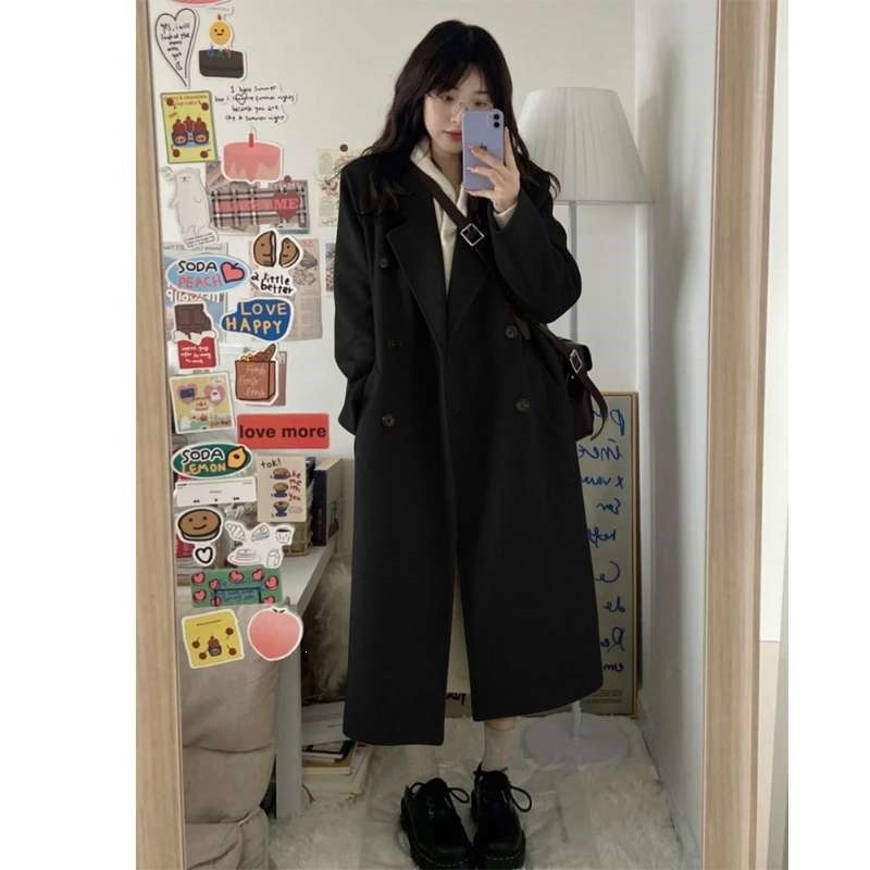 黑色毛呢外套女年秋冬季新款赫本风高级感中长款加厚呢子大衣