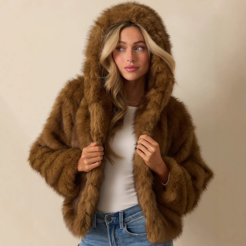 Brown Faux Fur Hooded Jacket, European and American Fashion Women's Outerwear, Soft Plush with Side Pockets and Ribbed Lining Brown Faux Fur Hooded Jacket, European and American Fashion Women's Outerwear, Soft Plush with Side Pockets and Ribbed Lining