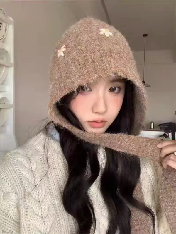 复古小花红色巴拉克拉法帽女冬季针织毛线帽保暖显脸小护耳帽子|undefined