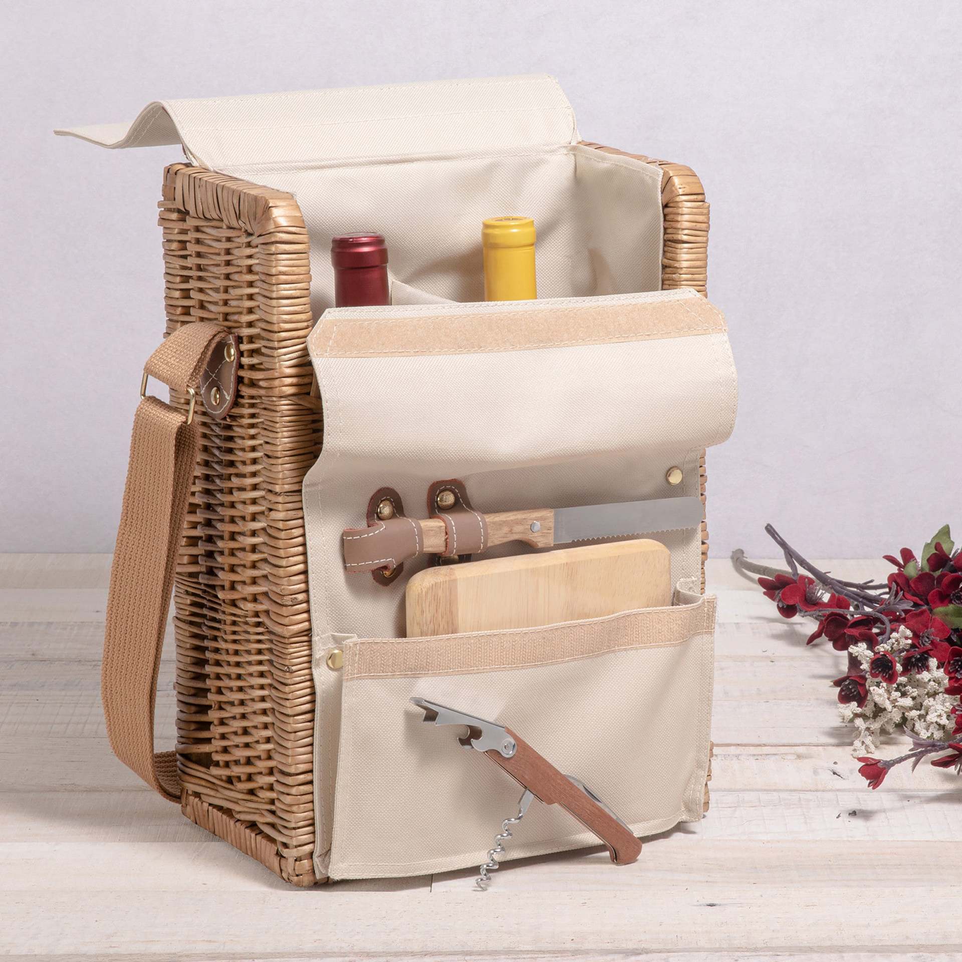 Comercio exterior personalizado caña bolsa de vino cesta de picnic cesta de frutas excursión al aire libre cubiertos de vino portátil cesta de mano de sauce