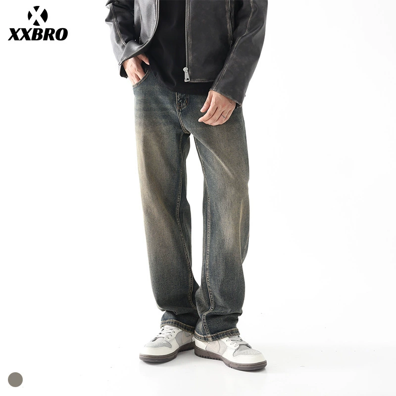 xxbro мужская одежда # Мужские джинсы прямого кроя, винтажные, с эффектом потертости, модные, свободные, длинные брюки, в японском стиле, слегка эластичные, в уличном стиле, с эффектом потертости.