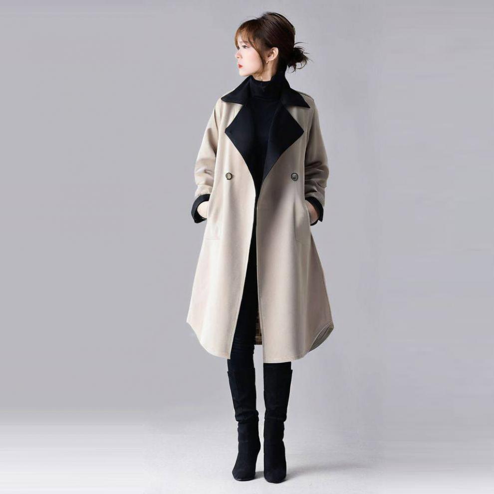 Women's Oversized Long Trench Coat With Contrast Collar - Autumn Casual Streetwear Jacket (S/M/L) Women's Clothing_voghion.com