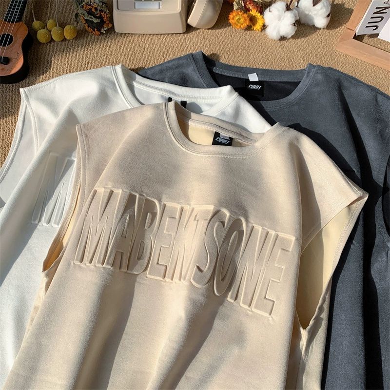 Suede Letter Vest Men's Summer Heavy Sports Casual Basketball Clothes Large Size Fitness Sleeveless Vest T-Shirt