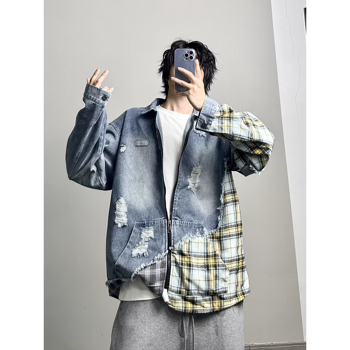 百搭不规则格子拼接破洞牛仔外套原宿气质慵懒潮流新款时尚日系