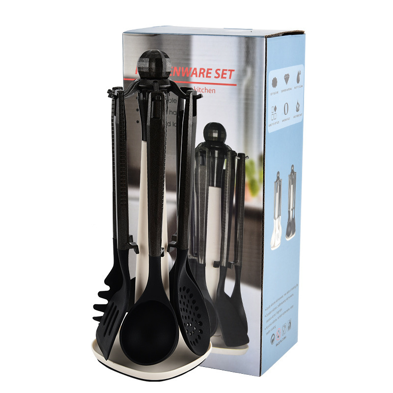 Juego de utensilios de cocina de pegamento de grado alimenticio de silicona de Amazon transfronterizo, juego de cocina de 7 piezas, espátula colgante, colador, fideos