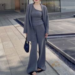 韓国風ニットカーディガンジャケットルーズワイドレッグパンツスーツレディース冬デザイン不規則ベスト3点セットトレンディ