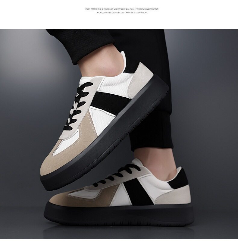 Giày sneaker nam cổ thấp phối màu, mũi tròn, đế cao su, thoáng khí, dây buộc — Màu lạc đà, Màu trắng chi tiết 20