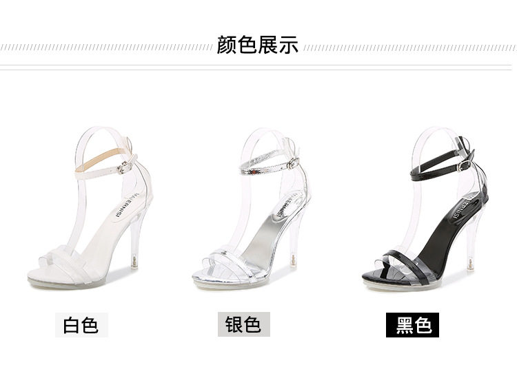 Dép sandal nữ cao gót quai ngang trong suốt đính pha lê, gót nhọn 8–11 cm — Màu bạc, Màu trắng, Màu đen chi tiết 5