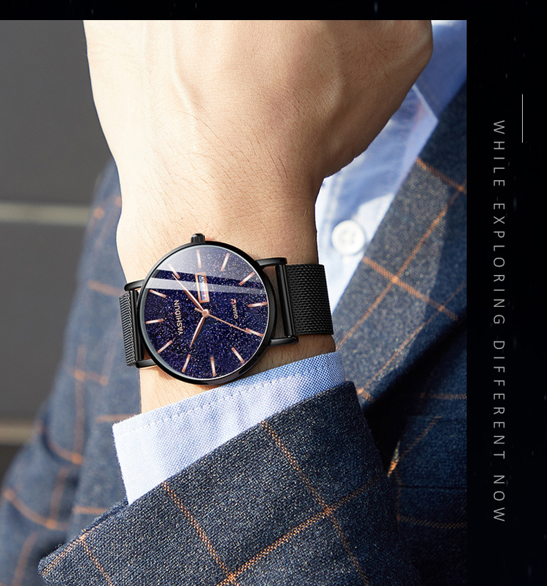 Men's quartz watch, waterproof, dual calendar, starry sky design