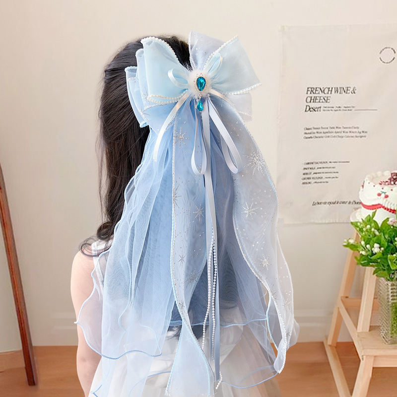 儿童头纱发夹女童蝴蝶结发卡冰雪奇缘发饰小女孩六一公主边夹头饰|undefined