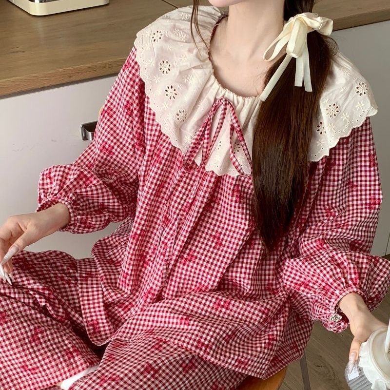 春秋天新款睡衣女长袖宽松慵懒云朵棉家居服花边学生甜美套装跨境|undefined
