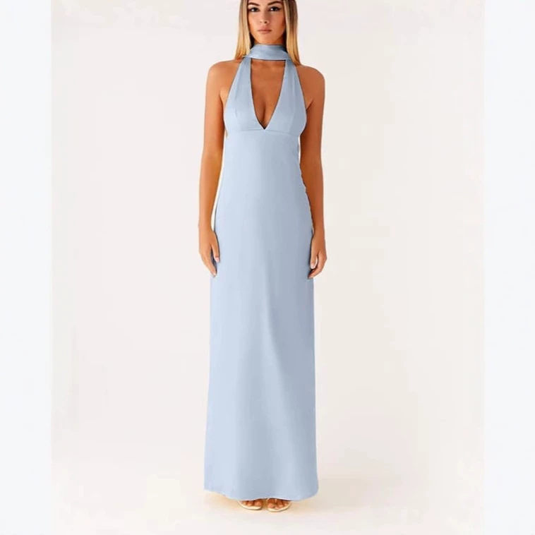 Women's Halter Floral Long Dress, Deep V-Neck, Backless, Tight-Fitting Long Dress, Y2K Formal Cocktail Party Beachwear