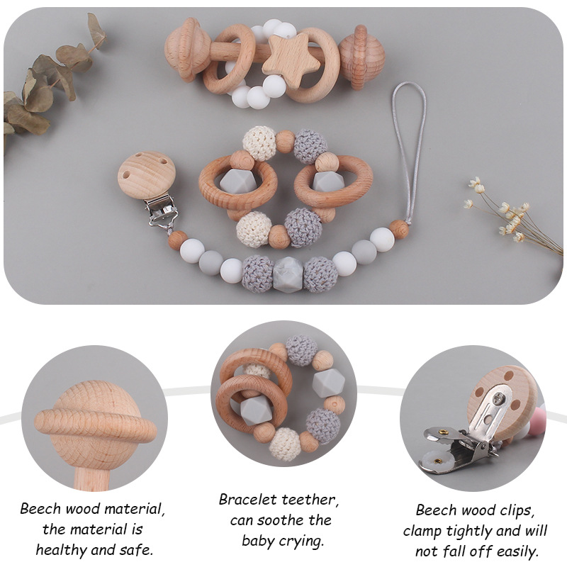 Nuevos suministros para bebés Beech clip chupete cadena calmante bebé pulsera mordedor estrella sonajero conjunto de tres piezas
