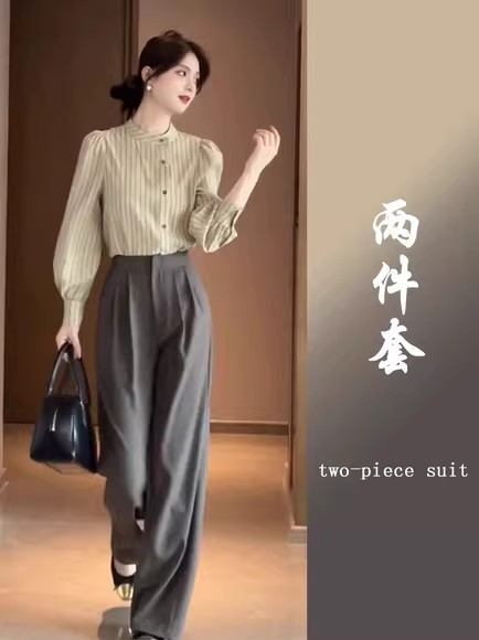 盐系轻熟高级感时尚休闲卡其色衬衫阔腿裤子两件套装职业女装秋季|undefined