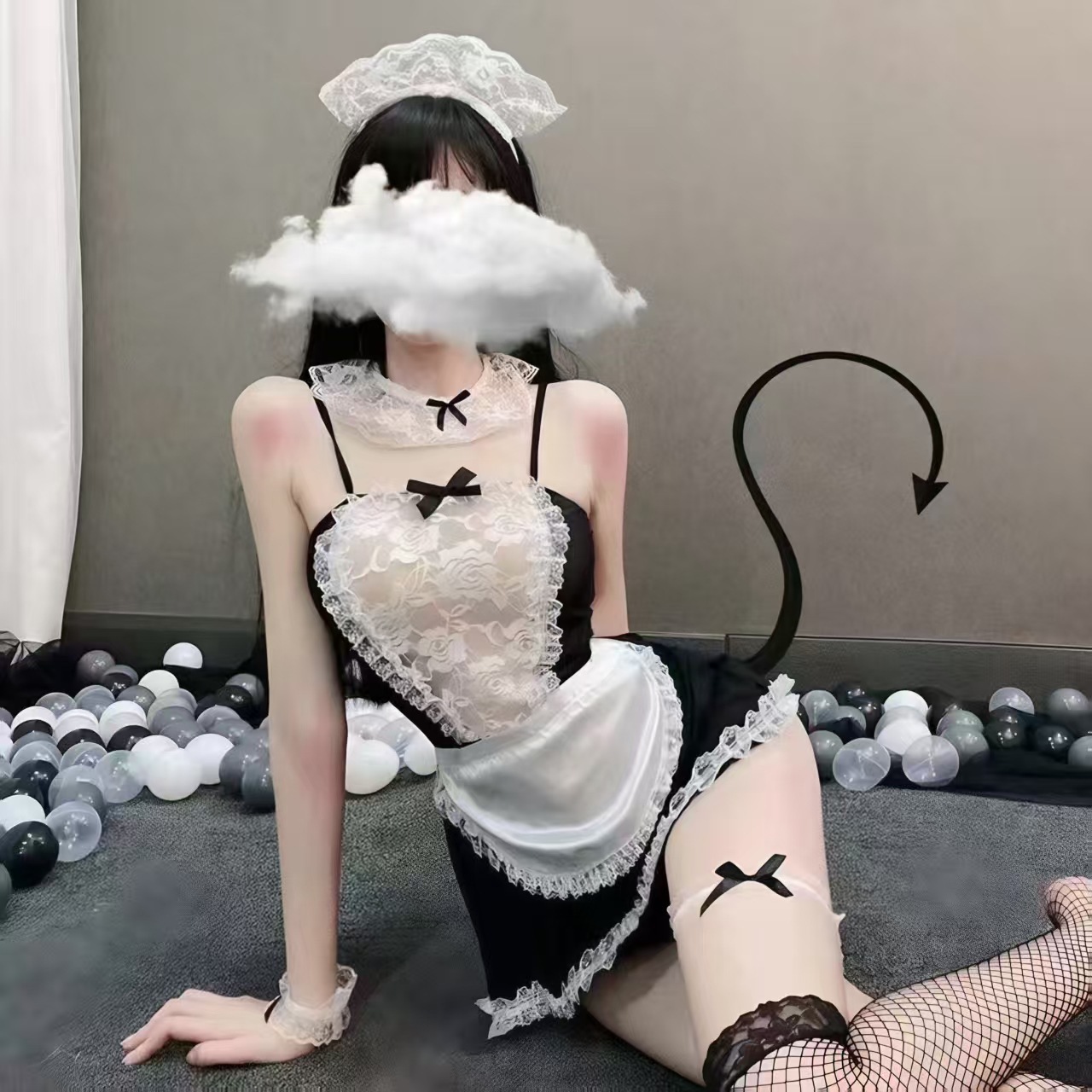 Charming Flirting Sexy Lingerie Costume Pure Desire Maid Suit Can Be Taken Off Transparent Lace Headband Maid Apron