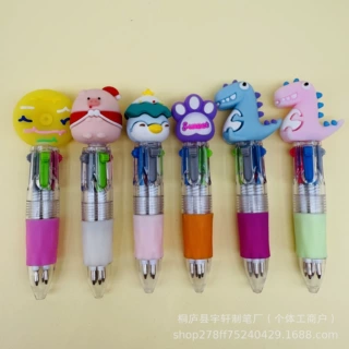 厂家批发四色按动圆珠笔硅胶超多款卡通头便携学生手账多色笔