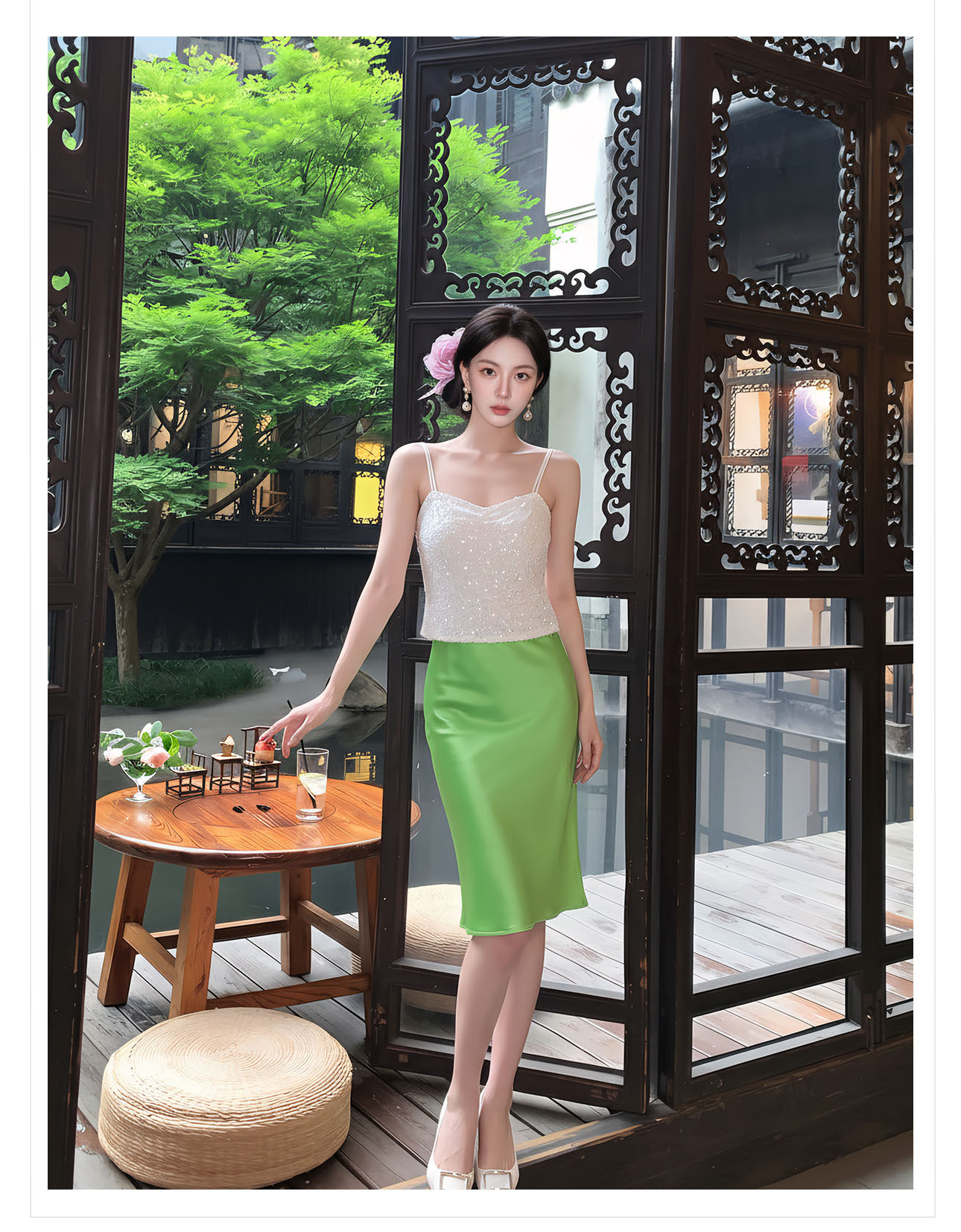 Chân váy xếp ly nữ phong cách Trung Hoa mới, dáng xòe thanh lịch — màu đen, màu xanh hồ, màu hồng, màu hồng đậm chi tiết 22