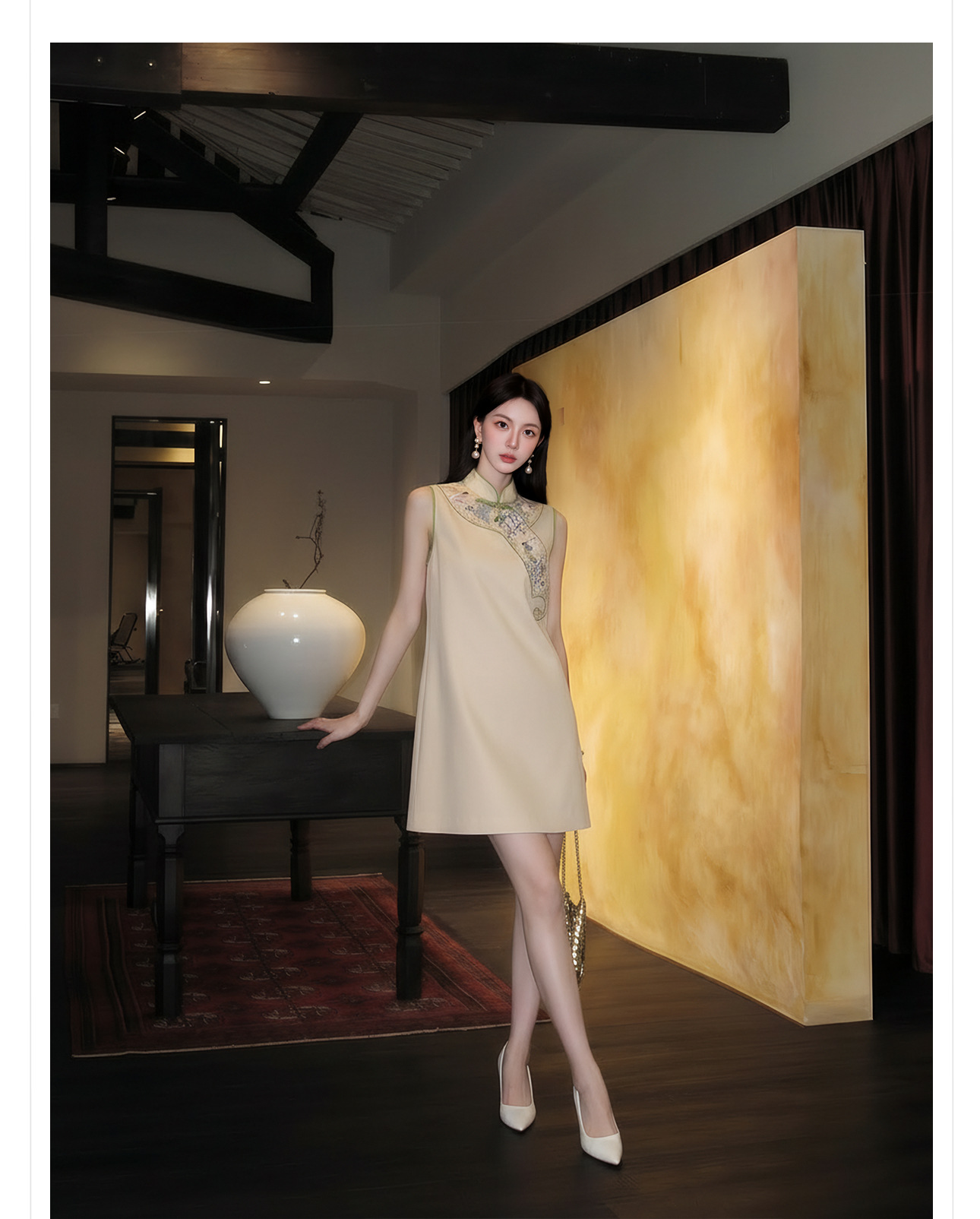 Đầm suông nữ midi phong cách quốc phong, tay không, thêu họa tiết — màu mơ chi tiết 5