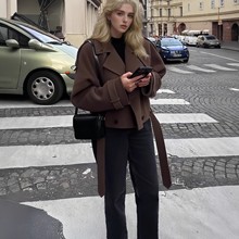 2025新款跨境外贸欧美女装亚马逊大翻领毛呢时尚短款腰带大衣外套