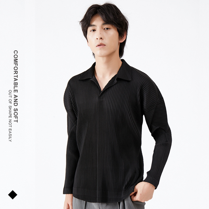 Miyake Men's 2026 New Polo Shirt Long Sleeve Spring Solid Color Collared Casual Turn-Down Collar Pleated Men's T-Shirt