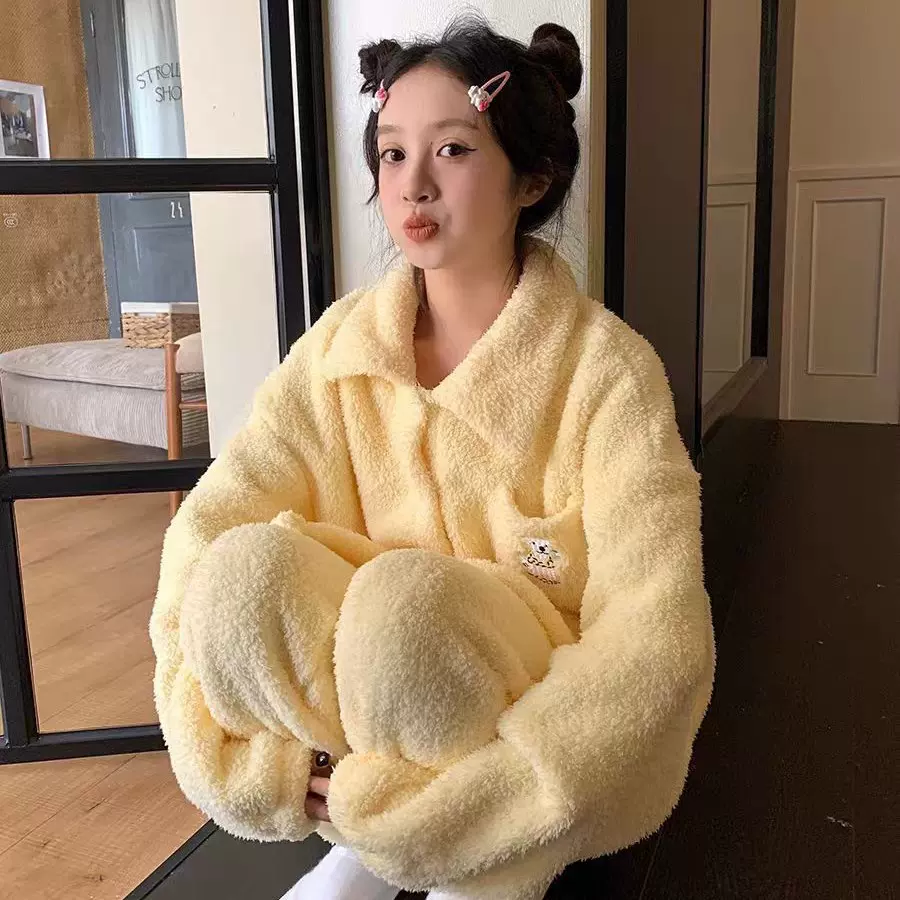 2025新款甜美款珊瑚绒半边绒睡衣珊瑚绒加绒加厚秋冬款家居服套