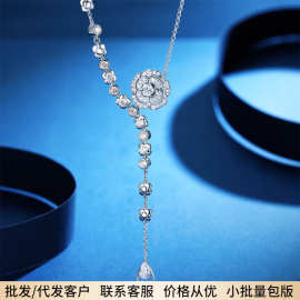 S925银镀金镶钻山茶花项链 仿真钻花形项链流苏山茶花锁骨链女款