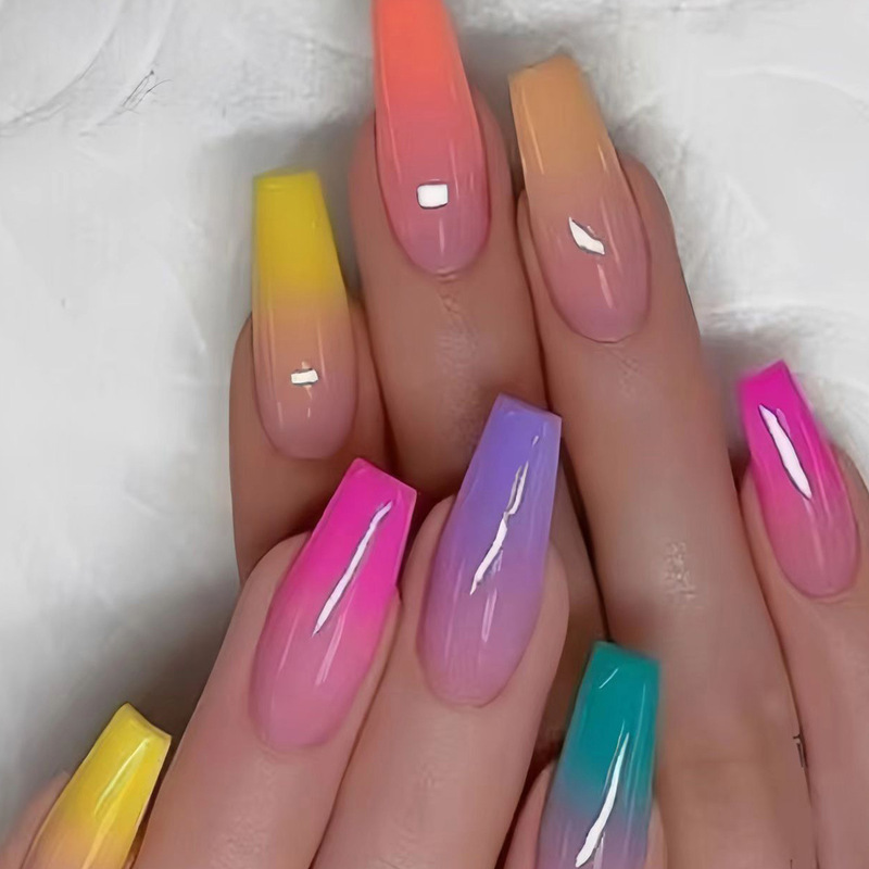 Press on Nail European and American Long Water Pipe Nails Candy Color Finished Manicure Rainbow Gradient Coffin Nails Nails Press on Nail European and American Long Water Pipe Nails Candy Color Finished Manicure Rainbow Gradient Coffin Nails Nails