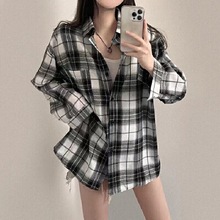 春秋冬季韩版东大门chic格子衬衫休闲女上衣格纹衬衣宽松薄外套