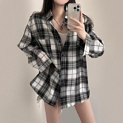 春秋冬季韩版东大门chic格子衬衫休闲女上衣格纹衬衣宽松薄外套