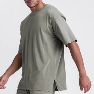 Summer American-style Loose Sports T-shirt Men's Solid Color Cotton Large Size Round Neck Short-sleeved Hems Slit White Trendy T-shirt