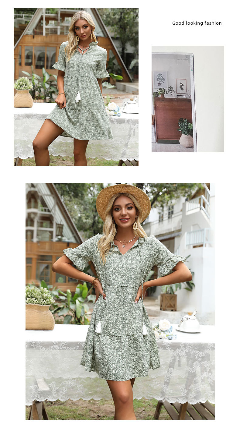 Green Ruffled Print Loose Dress NSDMB104808