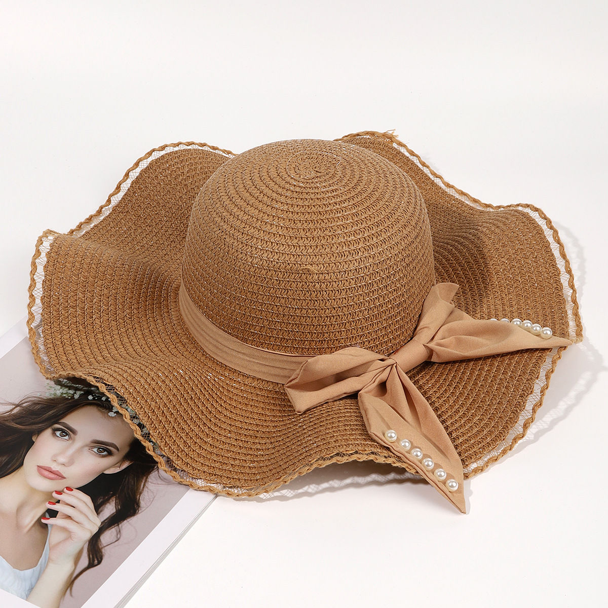 Sombrero de paja de viaje de verano flor sombrero de playa protección solar sombrero de sol ala grande paja tejida a mano arco sombrero de sol