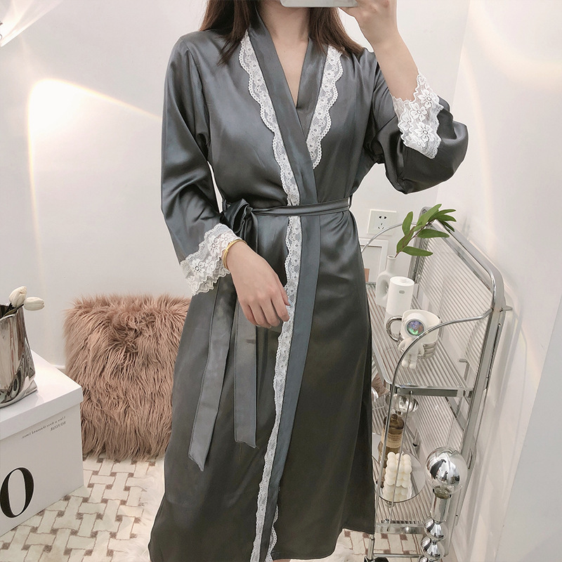Gray Morning Gown Female Bride Bridesmaid Group Wedding Nightgown Spring and Autumn Ice Silk Pajamas Bathrobe Sexy Lace Home Clothes