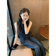 实拍复古无袖牛仔背心上衣女2025夏季新款韩系复古宽松休闲裤套装
