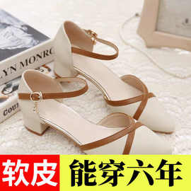 真软皮包头凉鞋女2024新款春夏一字扣粗中跟百搭尖头单鞋女懒人鞋