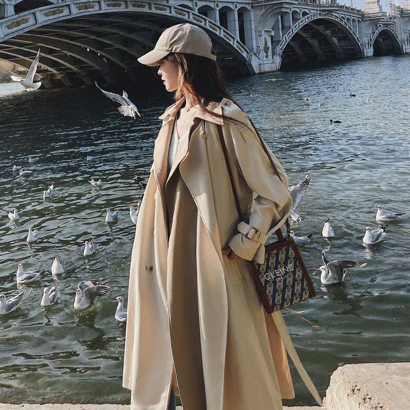 Áo khoác trench coat nữ dáng dài trung bình, form rộng, cổ vest, tay dài, phong cách thanh lịch — Màu be (chất lượng cao cấp)