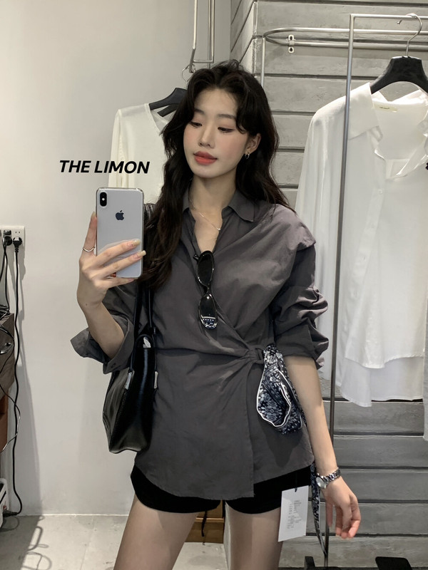 the limon柠檬绿茶2025秋季新款设计感侧绑带丝带收腰衬衫女上衣|undefined