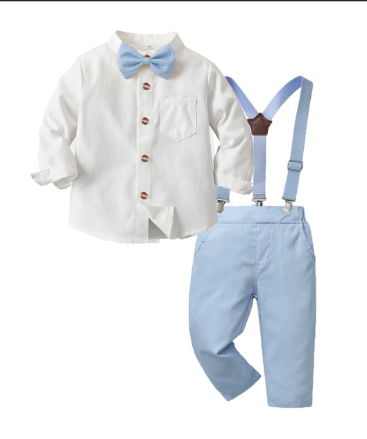 Europa y los Estados Unidos corbata de niños manga larga una sola fila de botón camisa de algodón pantalones de dos piezas set de ropa de caballero bebé niño