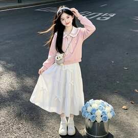 盐甜套装春秋季新款学院风海军领长袖上衣甜美蝴蝶结半身裙两件套