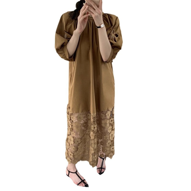 小衆の怠惰な風のカレー色のワンピースの女性の夏のお茶の休憩のフランスの気質の透かし彫りのレースのゆったりしているカジュアルな長いスカート|undefined
