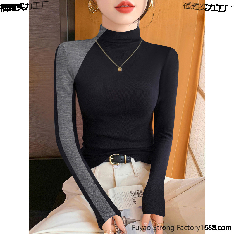 Half Turtleneck Bottoming Shirt for Women in Autumn and Winter New Style with Long Sleeves, Slim Outer Wear, Contrasting Color Tops