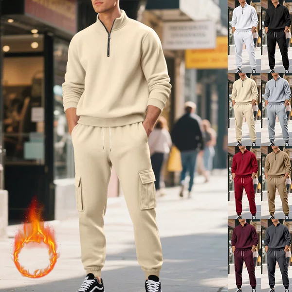 Cross-Border Amazon Autumn and Winter New American Men's Casual Suit Plus Velvet Stand Collar Zipper Long-Sleeved Sweatshirt Suit for Men