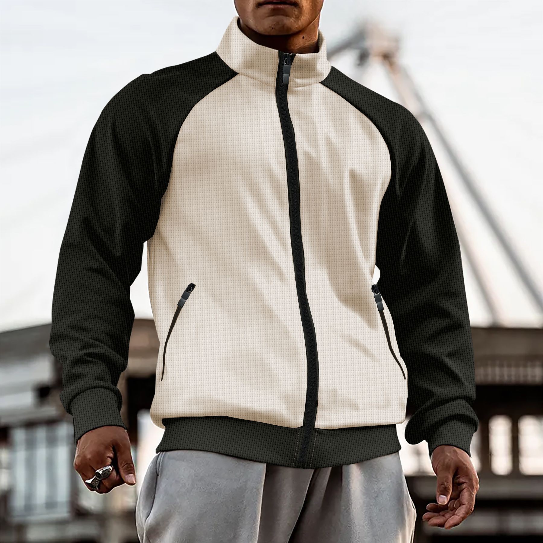 Men's Outdoor Waffle Knit Zip-up Jacket Colour Blocked Sport Coat_voghion.com