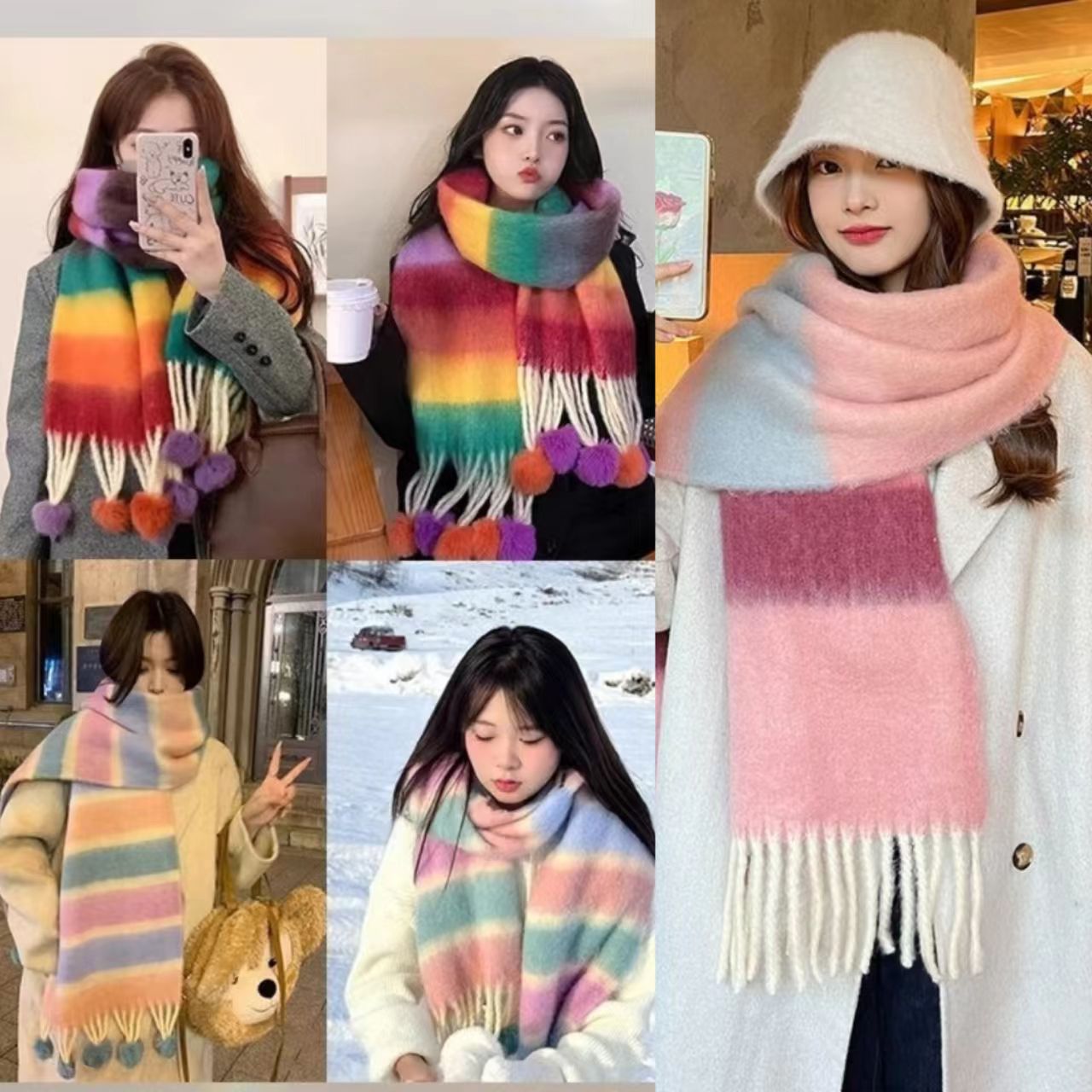 新款百搭美拉德条纹马海毛围巾冬季保暖加厚彩色毛绒学生情侣围脖