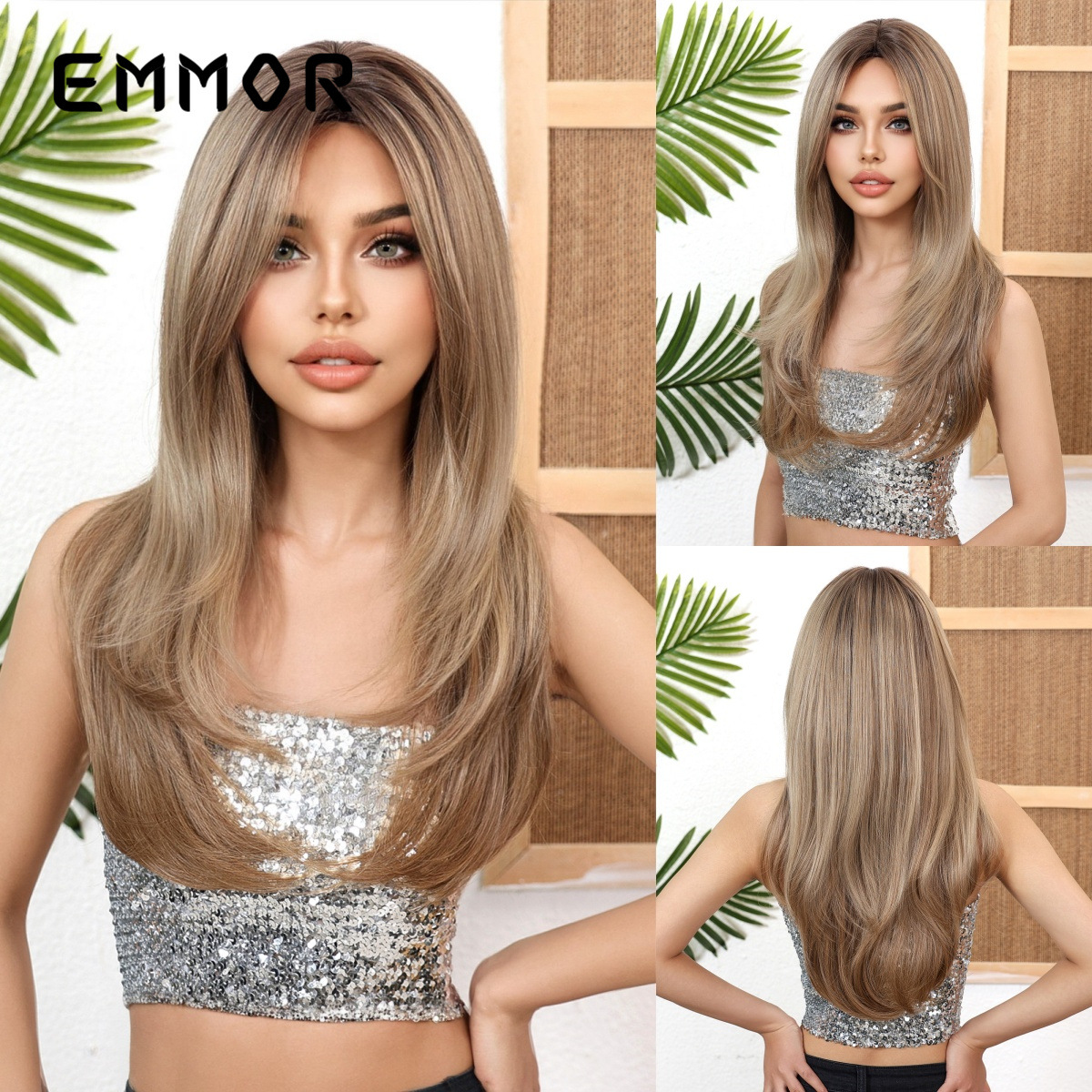 Pelucas europeas y americanas transfronterizas, cabello largo femenino, micro rizado, rojo y marrón, flequillo largo de ocho caracteres, cubierta completa diaria de alto nivel